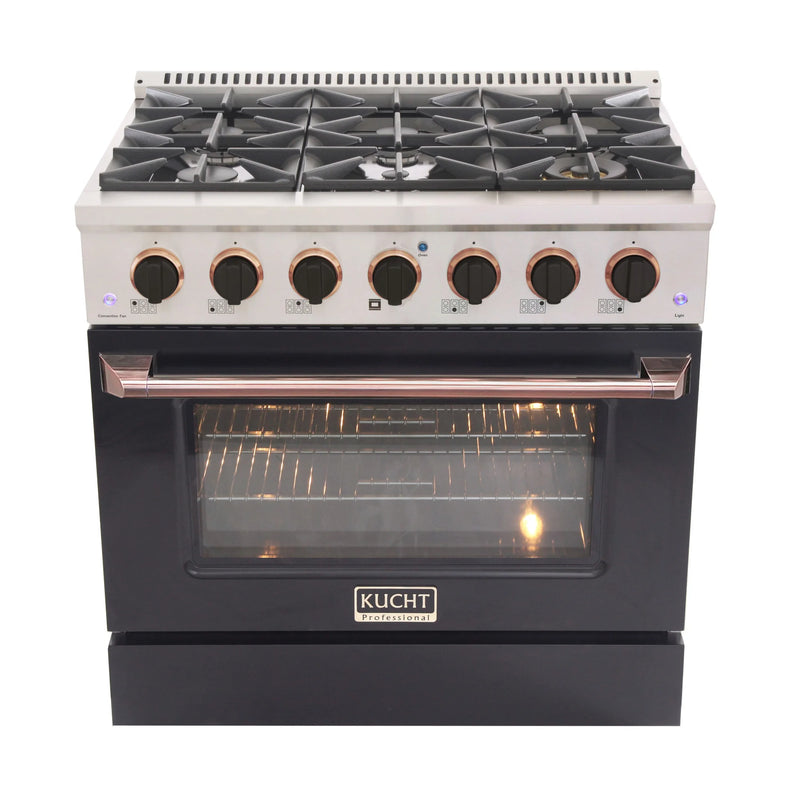 Kucht Professional 36" 5.2 cu ft. Natural Gas Dual Fuel Range with Black Door and Rose Gold Knobs, KDF362-K-ROSE