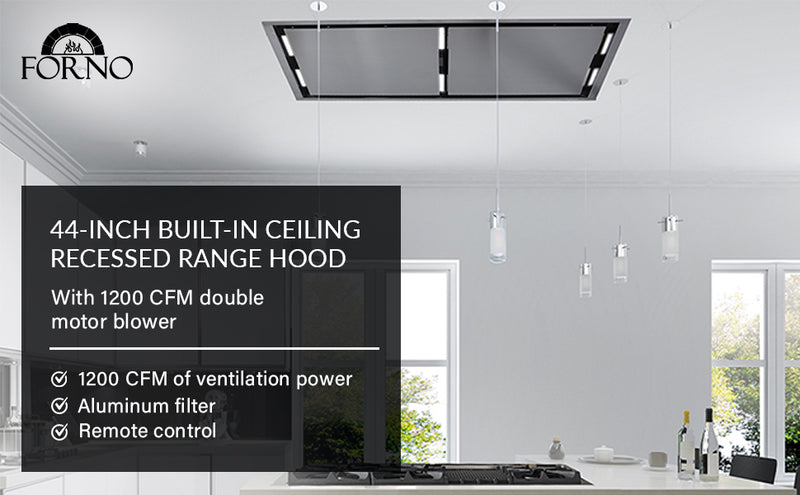 Forno Arezzo 44" 1200 CFM Recessed Ceiling Range Hood in Stainless Steel, Hybrid Filters, Remote Control, FRHRE5312-44