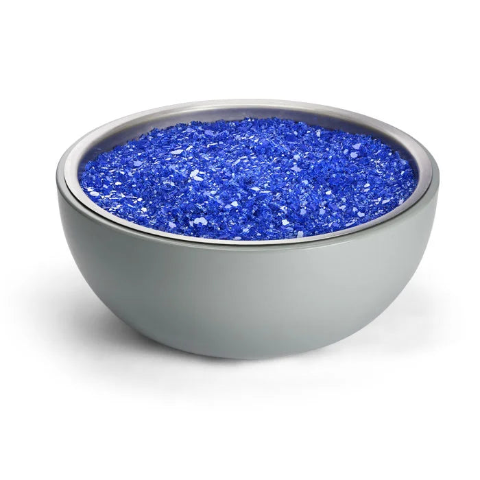 HPC Fire Inspired Aluminum Spun Bowl in natural gray with blue fire glass, durable aluminum, natural gas compatible, 120 VAC input.