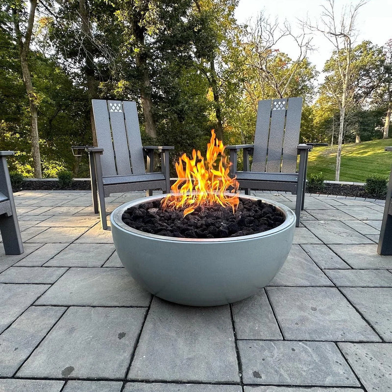 HPC Fire Inspired Aluminum Spun Bowls Natural Gas 120 VAC in light gray with durable aluminum build and vibrant fire flame centerpiece.