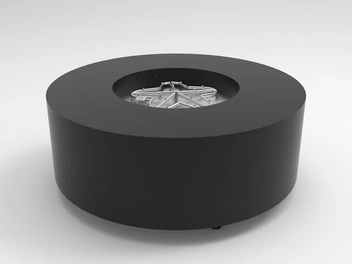 HPC Fire Inspired Assembled Metal Fire Pit Enclosures Agni Electronic Ignition 24V LP Gas with sleek black metal circular design and flame control.