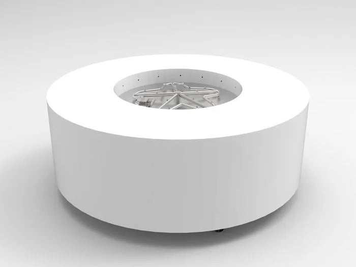 HPC Fire Inspired Assembled Metal Fire Pit Enclosures Agni with white metal body and 24V ON/OFF LP gas ignition system.