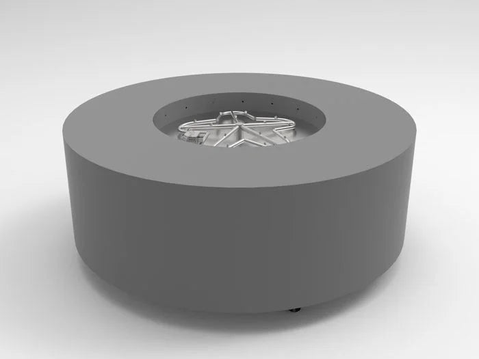 HPC Fire Inspired Assembled Metal Fire Pit Enclosures Agni Match Lit Natural Gas with round gray metal corrosion-resistant design and match lit ignition.