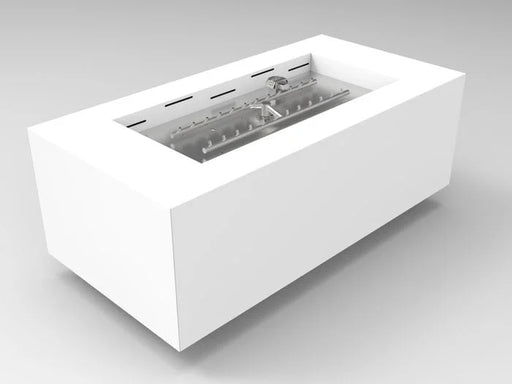 HPC Fire Inspired Assembled Metal Fire Pit Enclosures Tejas Electronic Ignition 120V Natural Gas with sleek white metal frame and burner system.