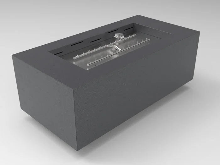 HPC Fire Inspired Tejas metal fire pit enclosure with electronic ignition, natural gas, sleek dark gray corrosion-resistant finish.