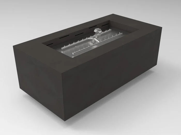 HPC Fire Inspired Assembled Metal Fire Pit Enclosures Tejas with electronic ignition, 120V, natural gas, and sleek rectangular metal design.
