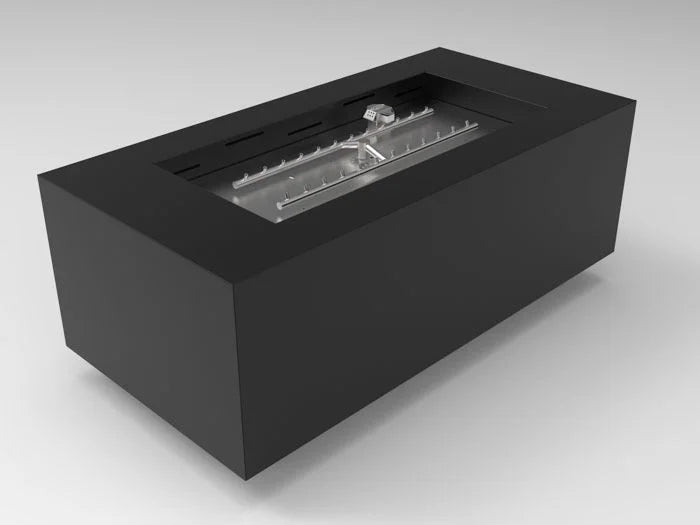 HPC Fire Inspired Tejas metal fire pit enclosure with 120V electronic ignition, black weather-resistant rectangular LP gas unit.