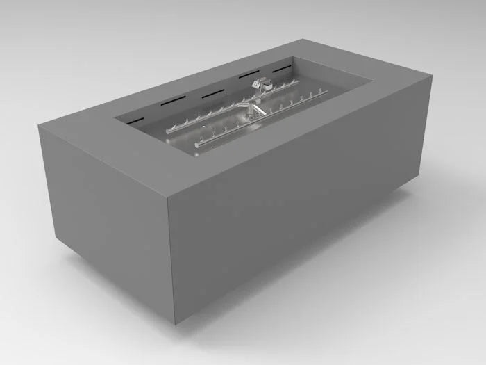 HPC Fire Inspired Assembled Metal Fire Pit Enclosures Tejas 120V LP Gas with electronic ignition and flame sensing safety in a rectangular design.