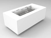 HPC Fire Inspired Assembled Metal Fire Pit Enclosure Tejas with white metal finish, 120V electronic ignition, and natural gas operation.