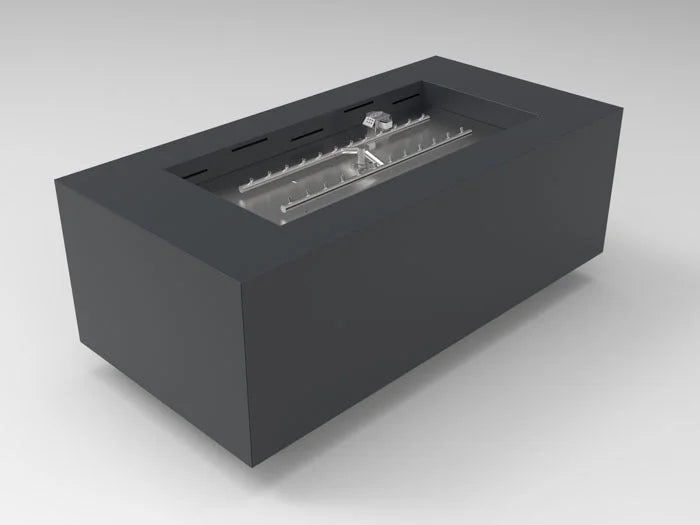 HPC Fire Inspired Tejas black metal fire pit enclosure with 24V electronic ignition and natural gas burner for outdoor use.