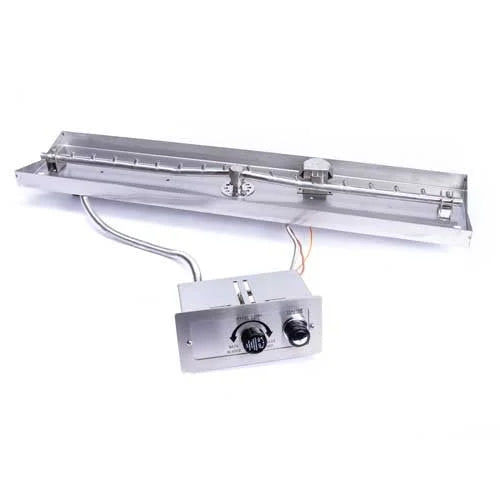 HPC Fire Inspired Linear Interlink Pan Insert with stainless steel construction and liquid propane control panel for modular fire features.