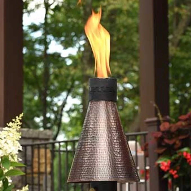 HPC Fire Inspired TK Torch Tiki Top Only in hammered copper with match lit flame, durable outdoor tiki torch top for easy backyard ambiance.