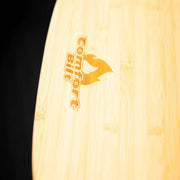 Wooden product with a logo on a black background