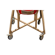 Red drum with a wooden frame and wheels on a white background