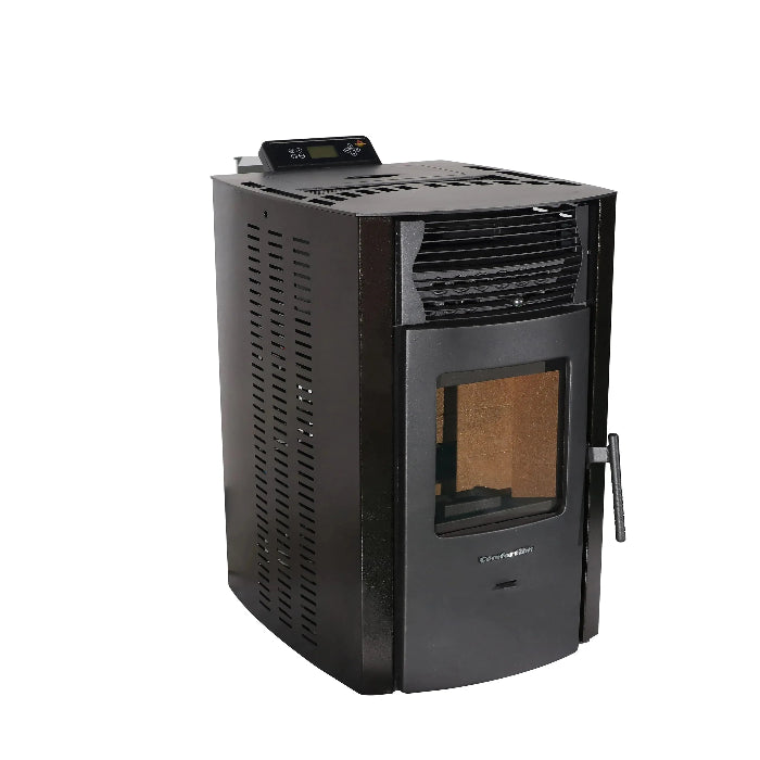 Black pellet stove on a white background