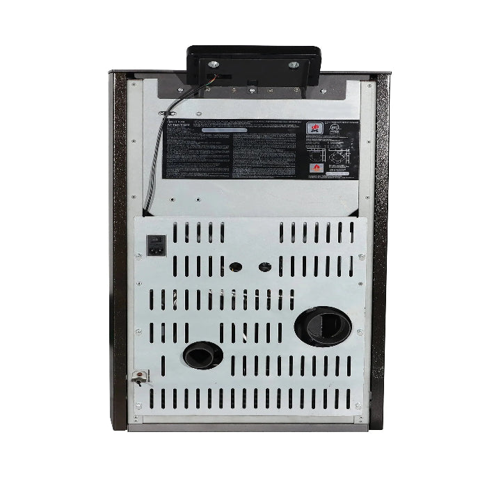 Back view of a HVAC unit with branding and specifications on a white background