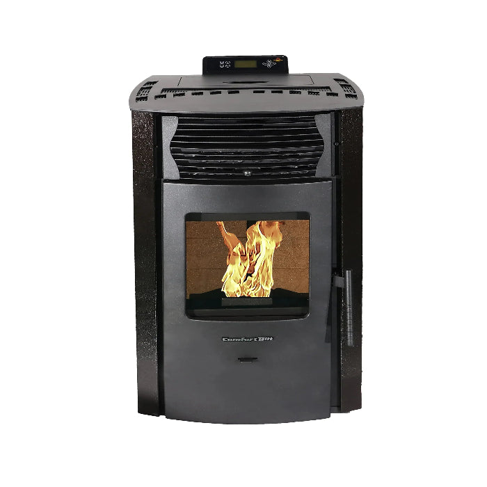Black pellet stove with visible flames on a white background