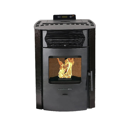 Black pellet stove with visible flames on a white background