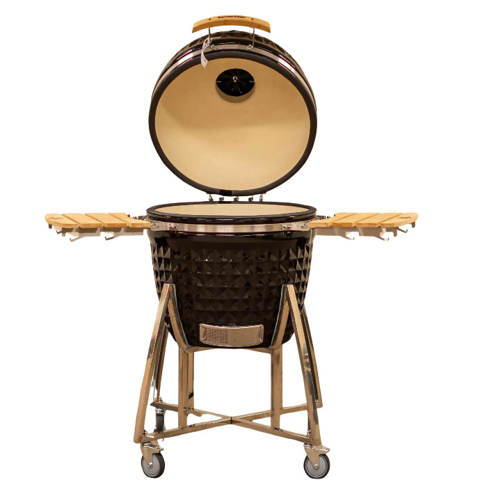 Kamado-style grill with wooden top on a white background