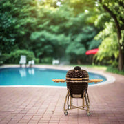 Barbecue grill on wheels in front of a pool with greenery