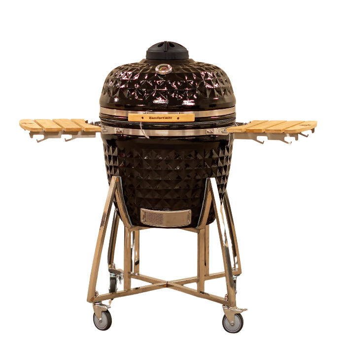 Black ceramic barbecue grill with wooden shelves on a white background