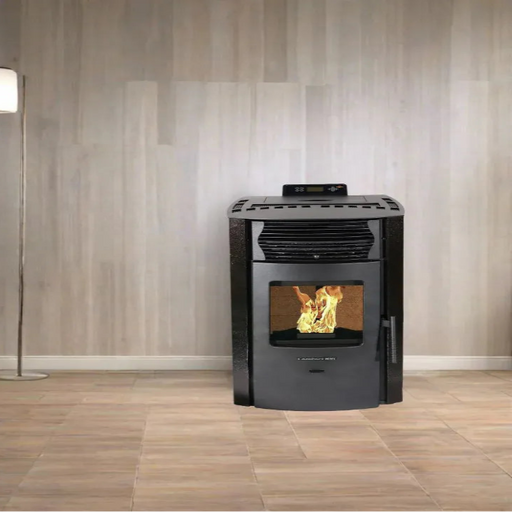 Wood-burning stove with visible fire in a room with wooden flooring and striped wallpaper.