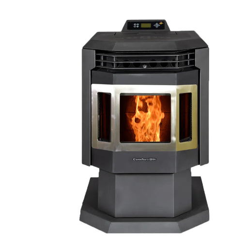 Black electric stove with flame display on a white background