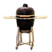 Black ceramic grill with wooden accents on a white background