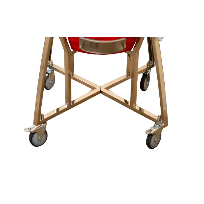 Red drum with a wooden frame and wheels on a white background