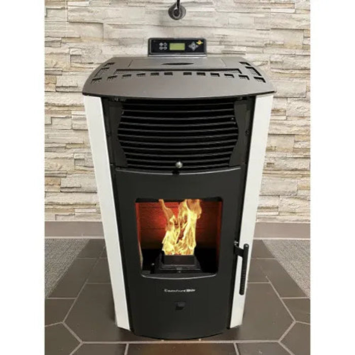 Pellet stove with visible flames against a stone wall background