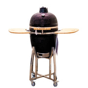 Black Kamado-style grill with wooden cooking platforms on a white background