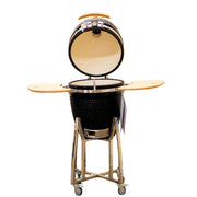 Black Kamado grill with wooden top on a white background