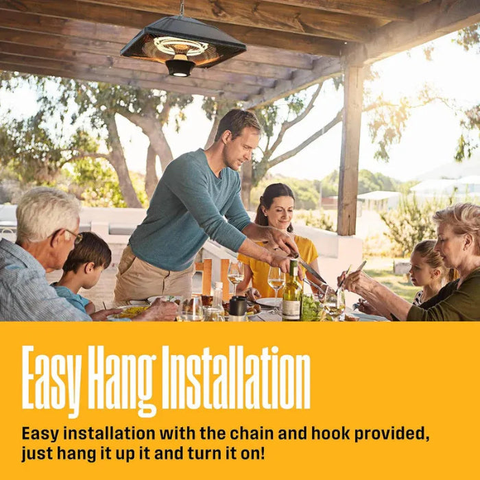 Family enjoying a meal outdoors under a wooden pergola with a hanging light fixture.
