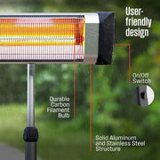 Outdoor heater with features highlighted on a blurred green background