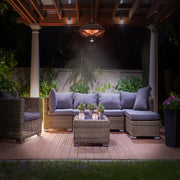 Outdoor patio with wicker furniture and lighting fixtures