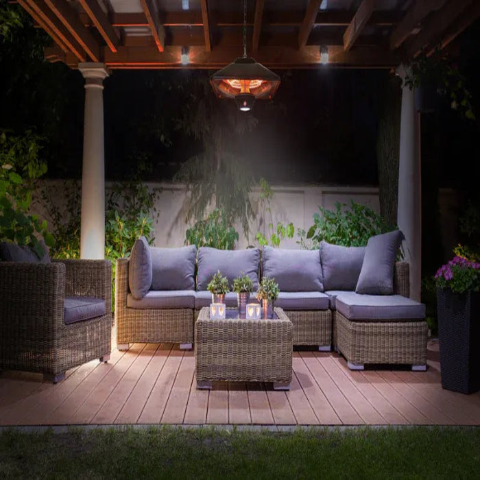 Outdoor patio with wicker furniture and lighting fixtures