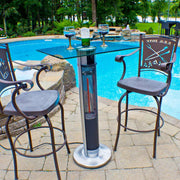 Outdoor patio heater with bar stools and glasses by a pool