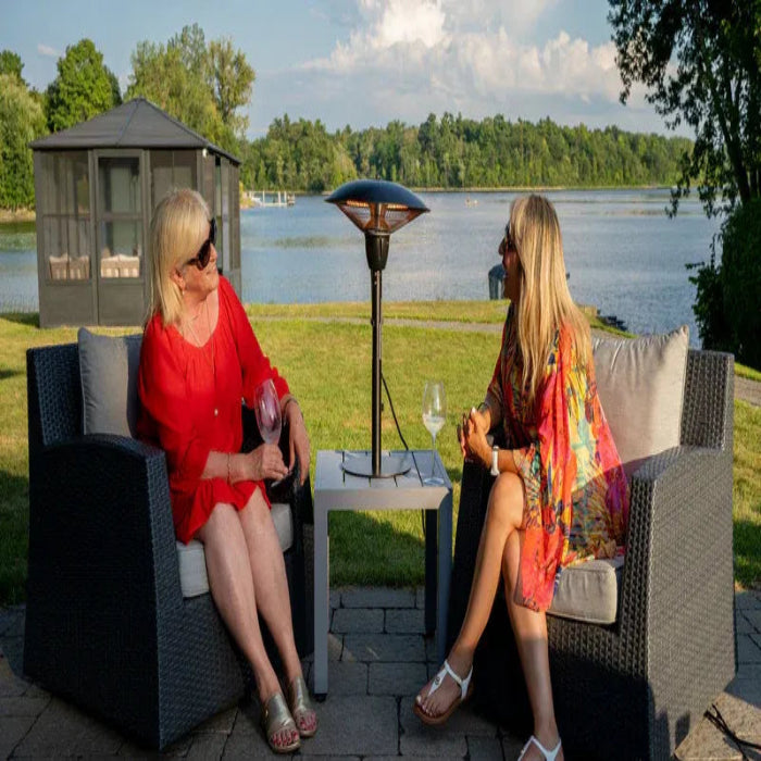Two women sitting on patio furniture by a lake, using a portable heater.
