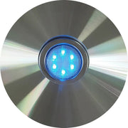 Close-up of a blue LED light on a reflective surface