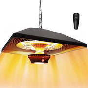 Black pendant-style electric heater with a remote control on a white background