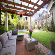 Outdoor patio with gray sectional sofa, wicker table, and hanging planters under a wooden pergola.