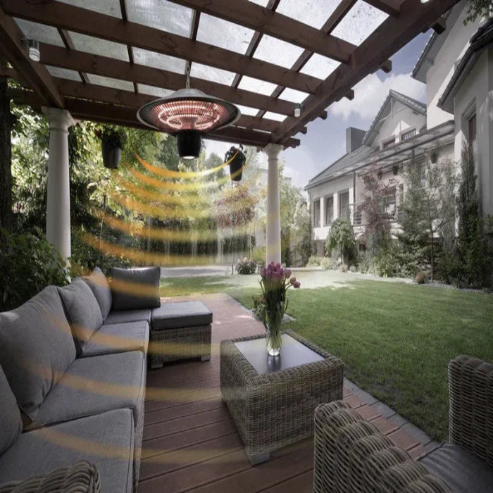 Outdoor patio with a pergola, sofa, and fire pit area.