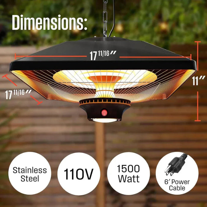Outdoor patio heater with dimensions and specifications on a blurred background
