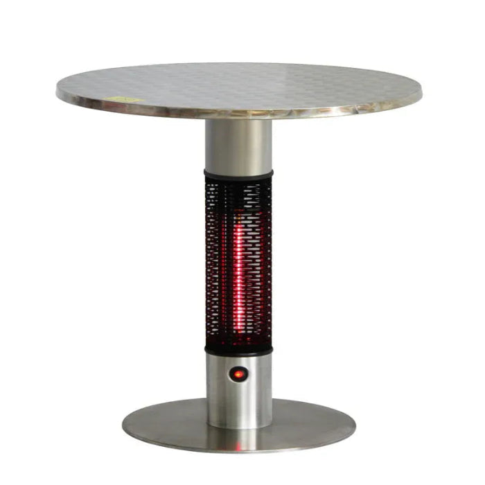 Round metal table with built-in patio heater on a white background