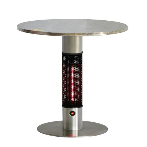 Round metal table with built-in patio heater on a white background