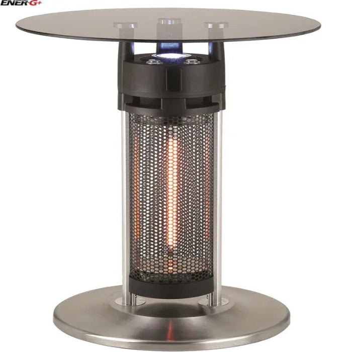 Outdoor patio heater with glass table top on a white background