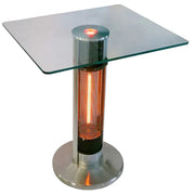 Glass-top outdoor table with a patio heater on a white background