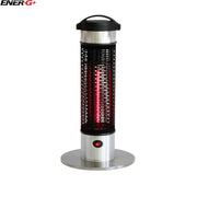 Tall cylindrical electric heater with visible red heating elements on a white background, branded 'ENERG+', with a black top and silver base.