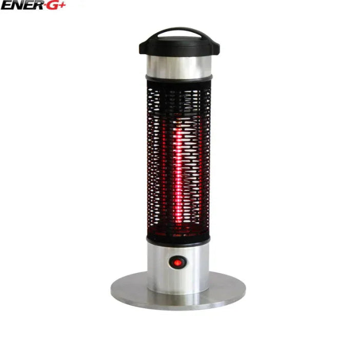 Tall cylindrical electric heater with visible red heating elements on a white background, branded 'ENERG+', with a black top and silver base.