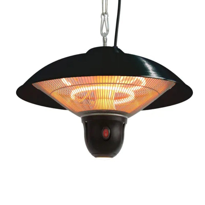 Black outdoor patio heater with glowing interior on a white background